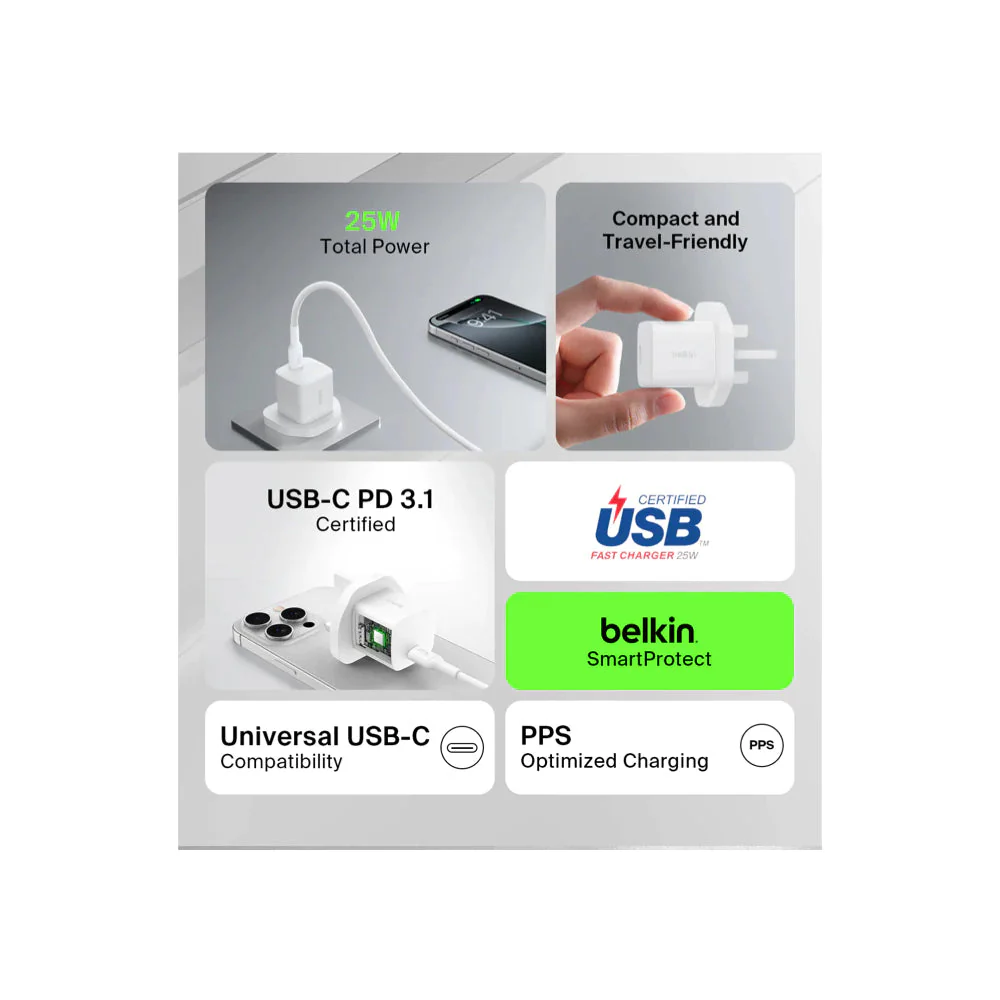 Belkin 25W USB-C PD Wall Charger with PPS, White - Image 6