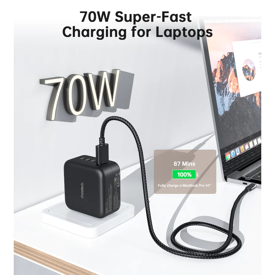 Choetech PD6055 NexGen 3C1A 70W GaN Wall Charger With UK/US/EU/AUS (4 Pin) - Image 3