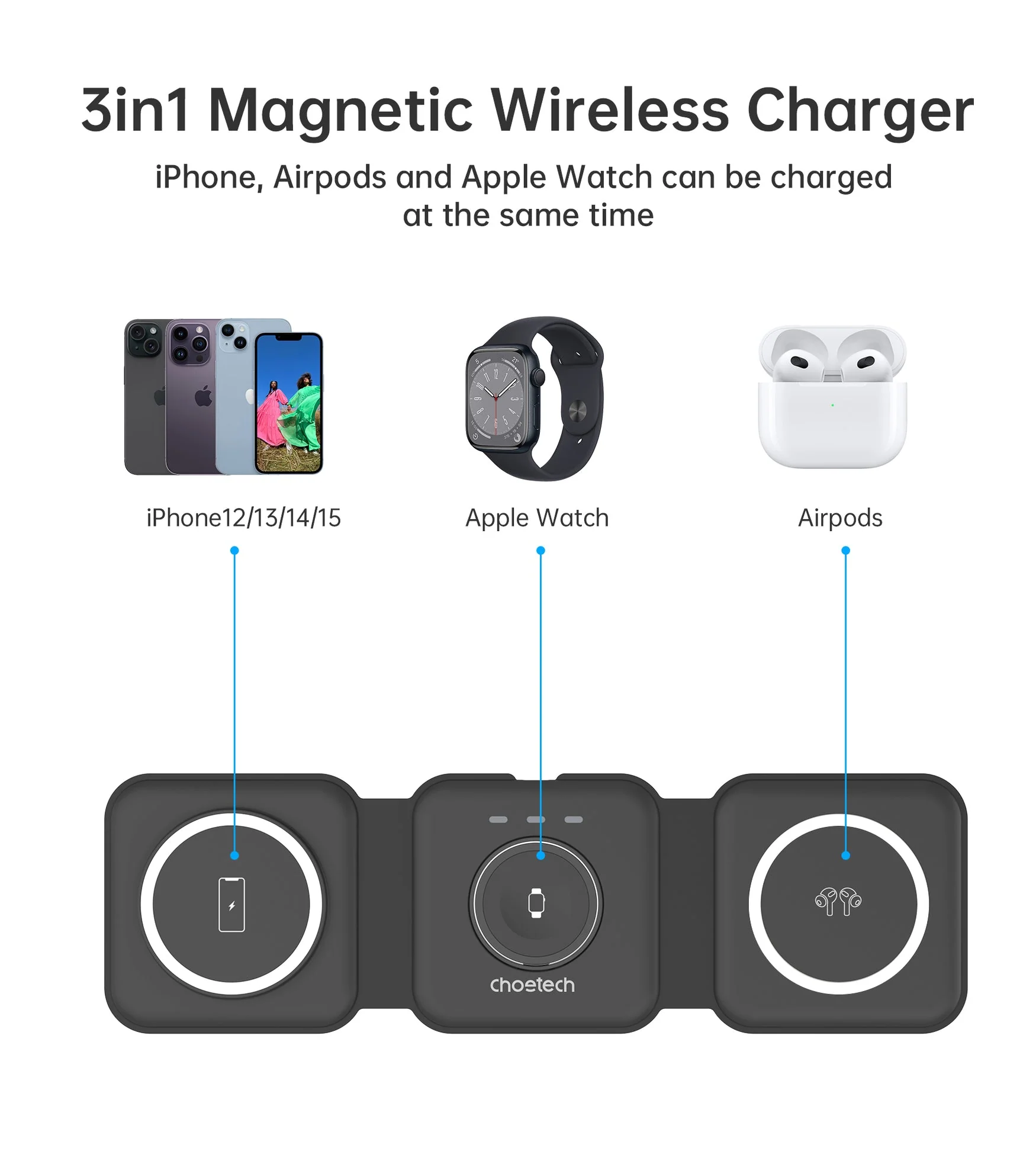 CHOETECH T588-F 3-in-1 Magnetic Wireless Charger 15W - Image 3