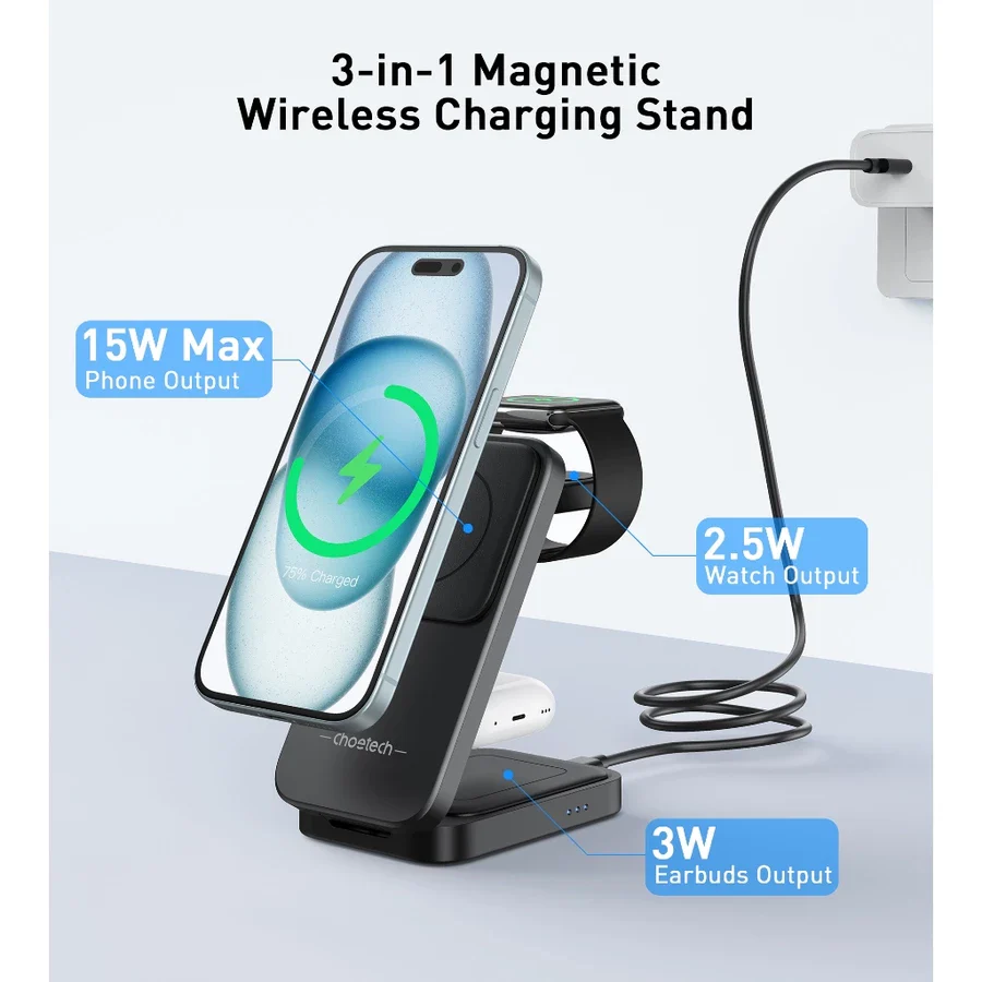 CHOETECH T611-F-CCBK 3-IN-1 MAGNETIC WIRELESS CHARGER - Image 2